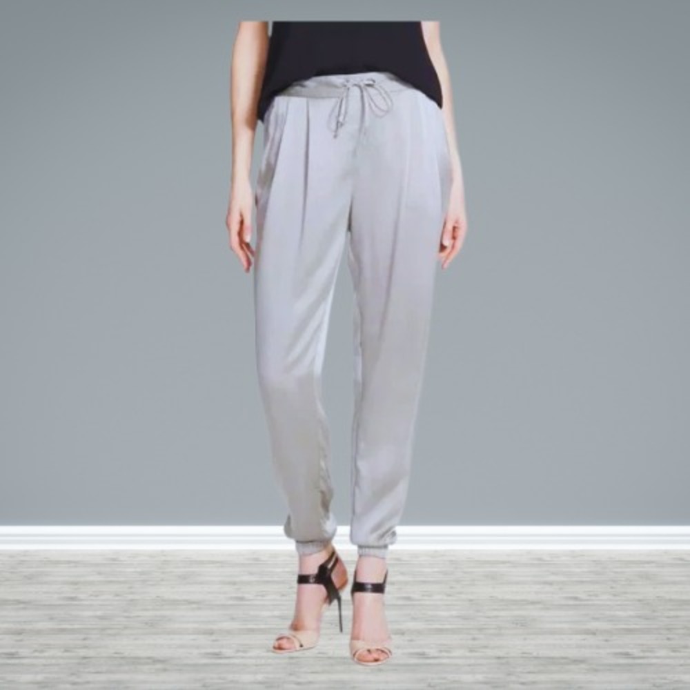 Eileen Fisher Silk Charmeuse Joggers - Sz. Small - Silver Satin - Casual Glamour